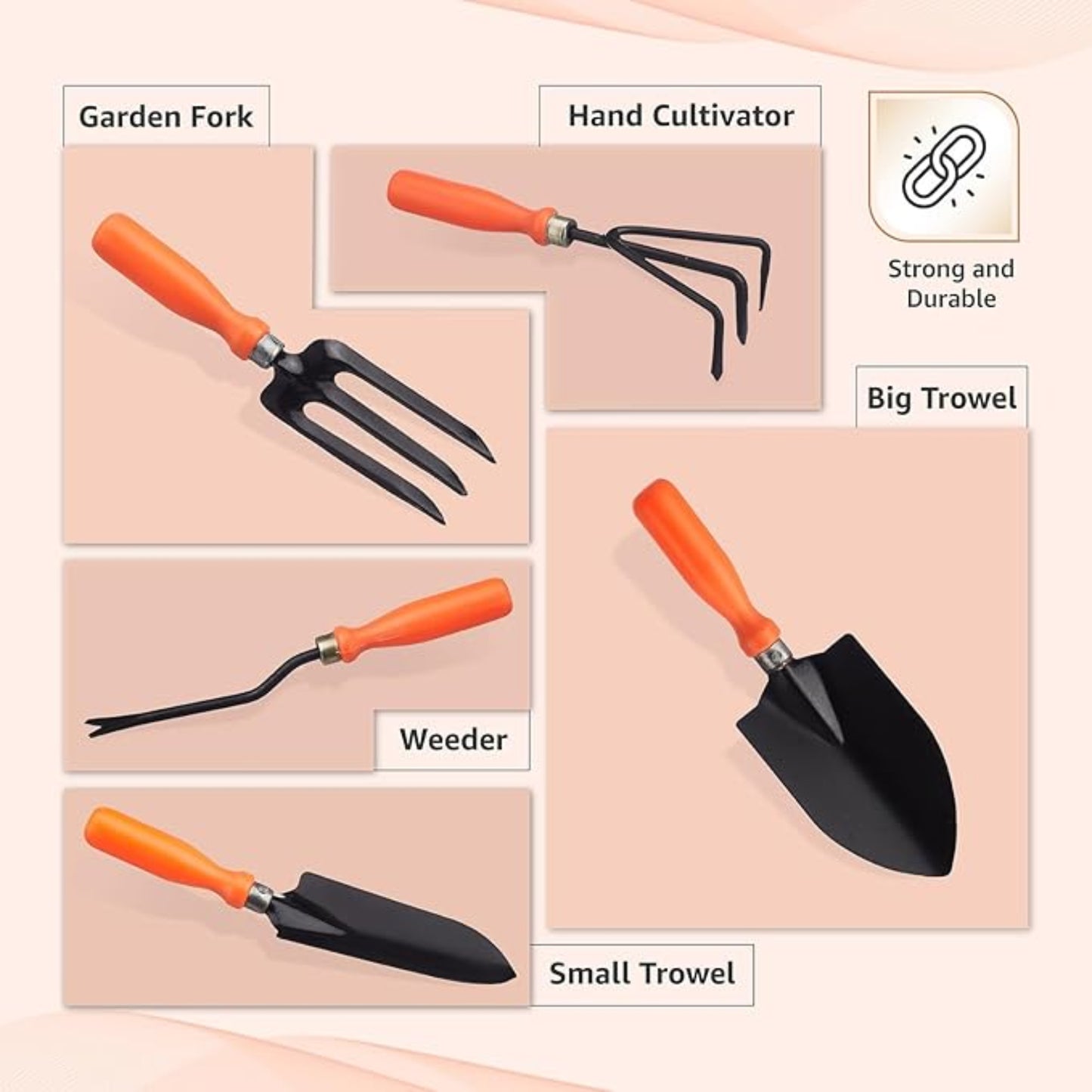 Top view of 5-piece garden tool set including trowel, pruner, fork, weeder, and transplanter