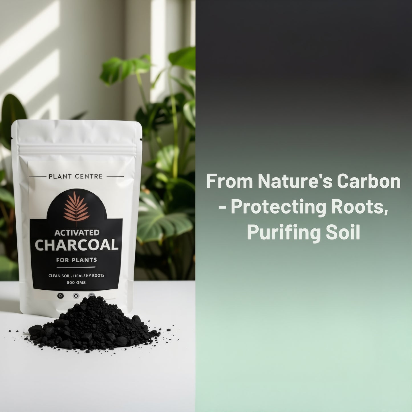 Activated charcoal for plants packaging with text 'From Nature's Carbon - Protecting Roots, Purifying Soil' on a blurred plant background.