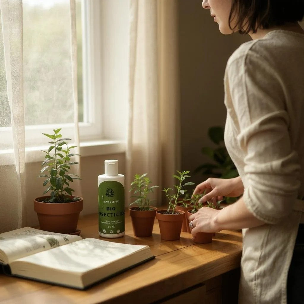 Person tending to plants on a wooden table with a book and bottle of plant food.