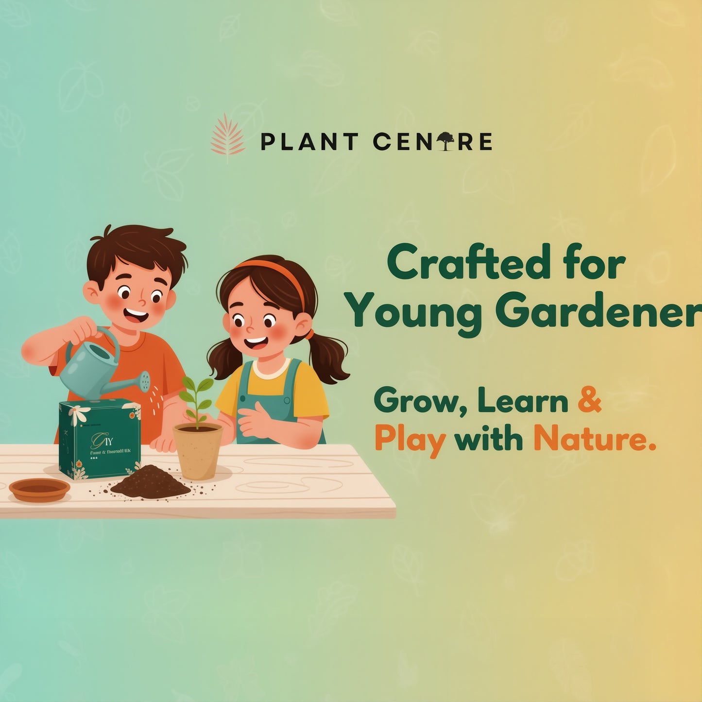 Illustration of two children gardening with text 'Crafted for Young Gardeners' and 'Plant Centre' logo.