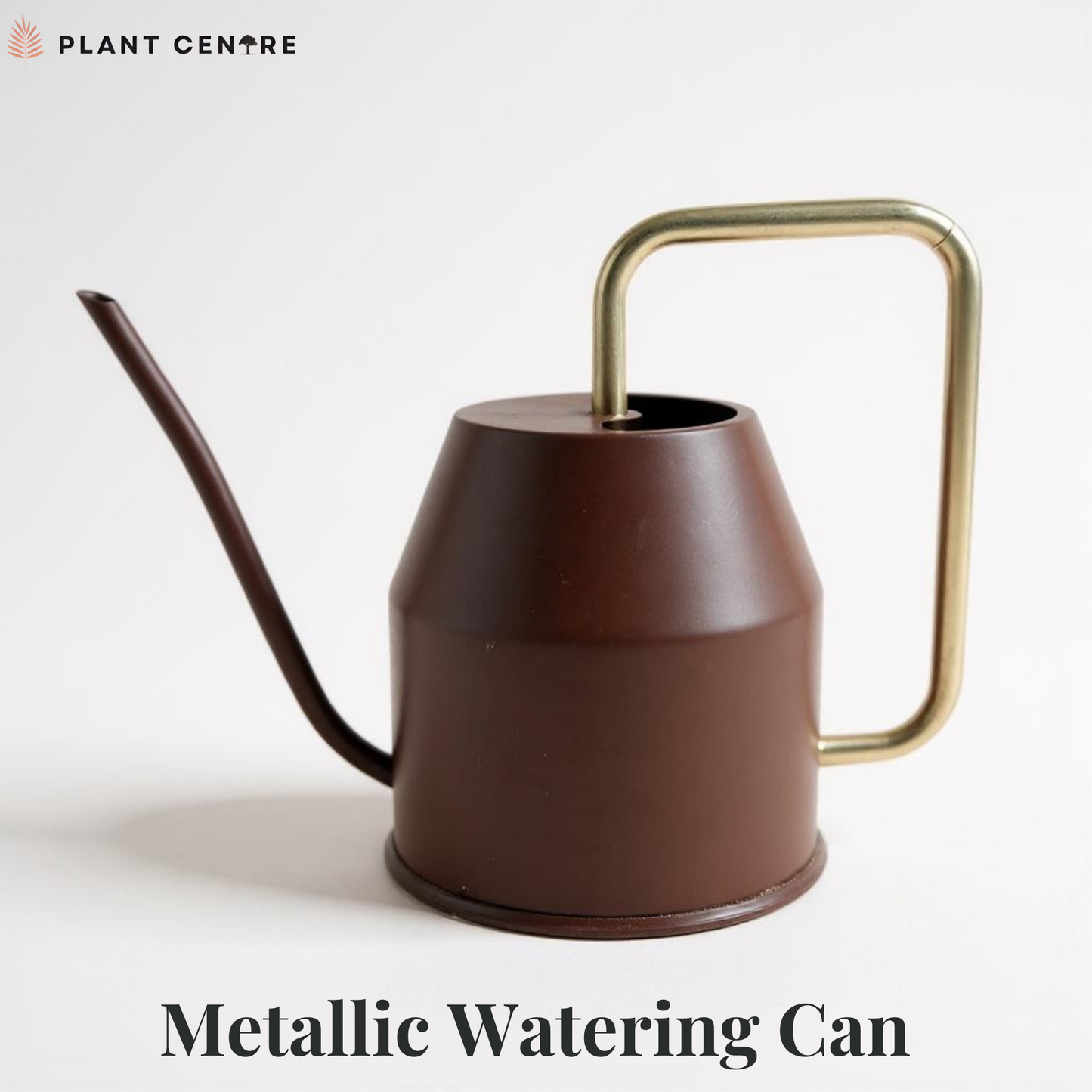 Metallic watering can with a gold handle on a white background, branded 'Plant Centre'.