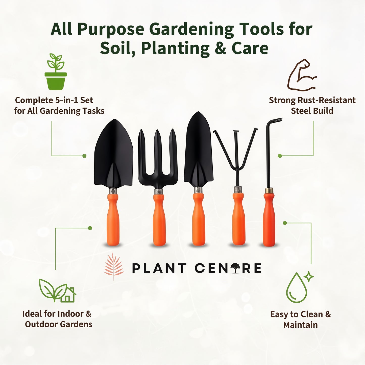 Set of 5 Garden Tools | Complete Gardening Kit with Hand Trowel, Fork, and Weeder