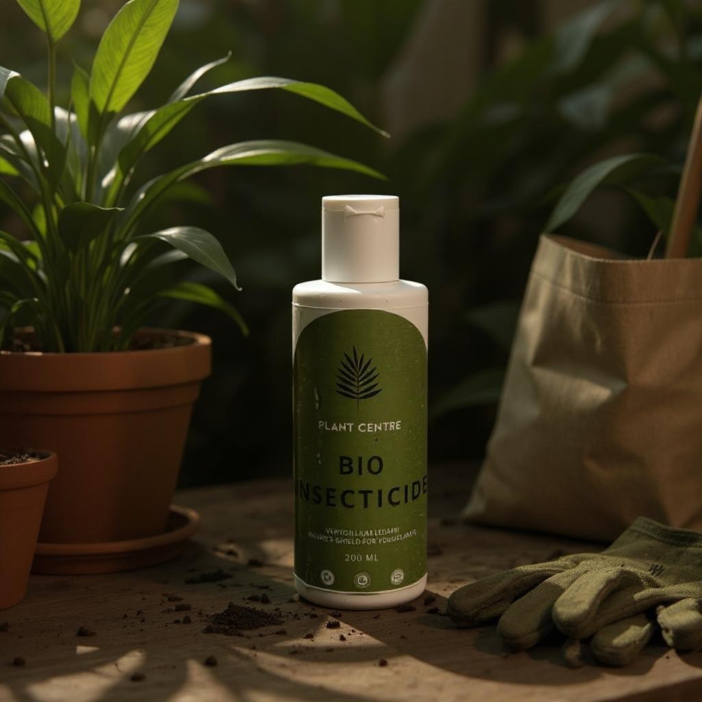Bottle of Plant Centre Bio Insecticide with gardening gloves and plants in the background