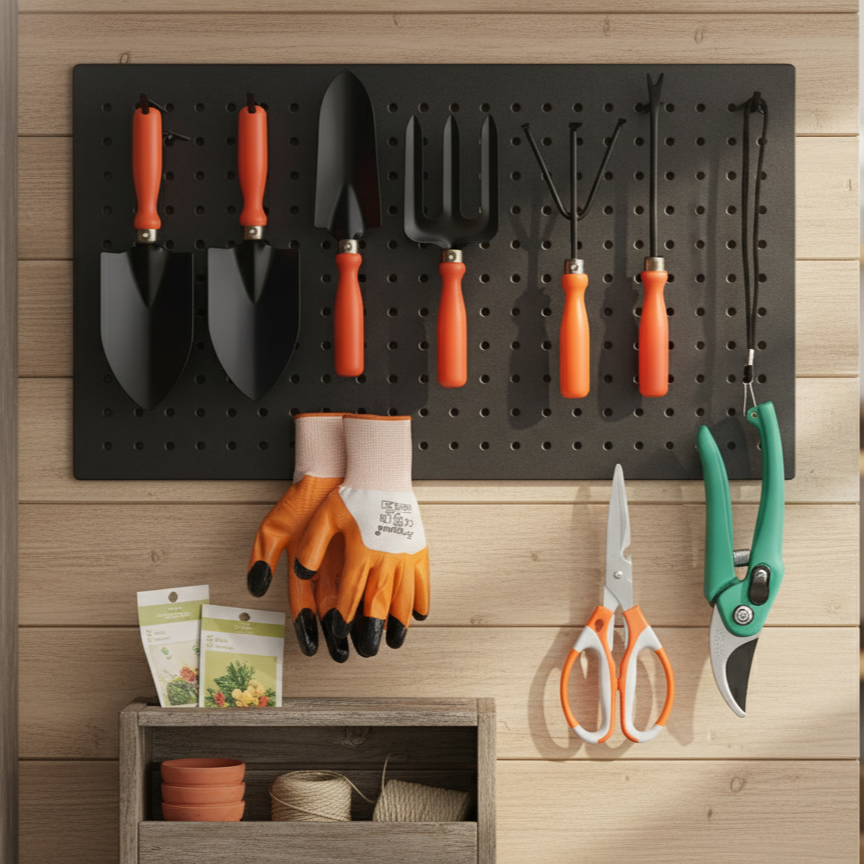 Gardening tools on a pegboard against a wooden wall with 'Plant Centre' branding.