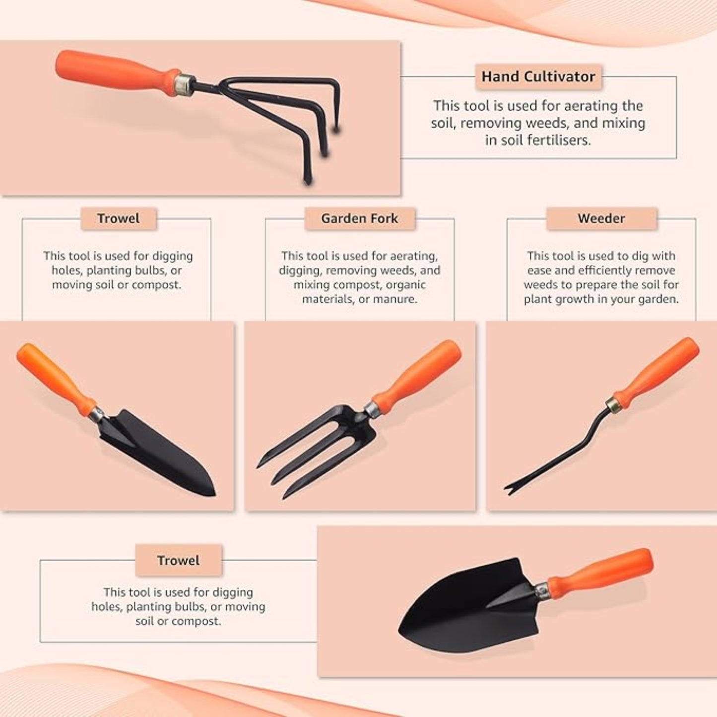 Close-up view of ergonomic handles and rust-free blades of 5-piece garden tool set