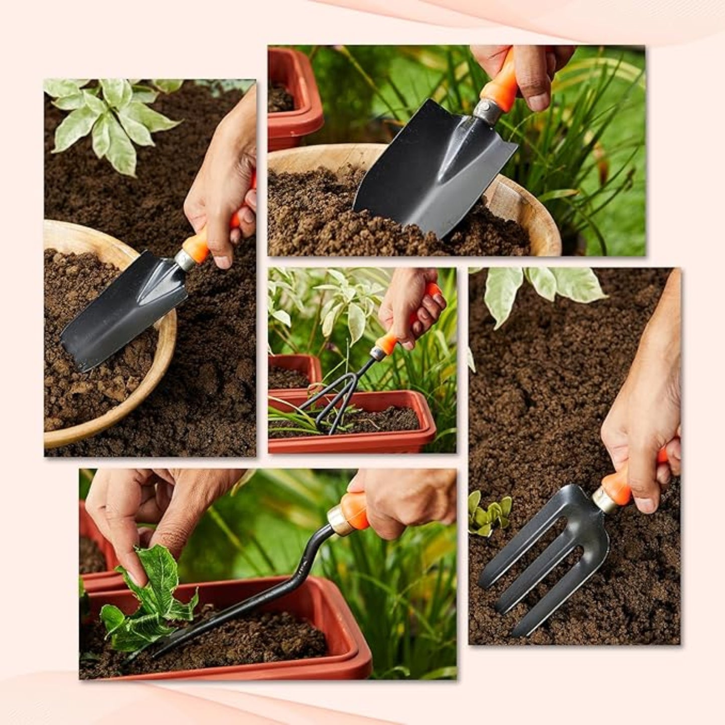 Home gardener using garden tools for planting and weeding in an outdoor setup