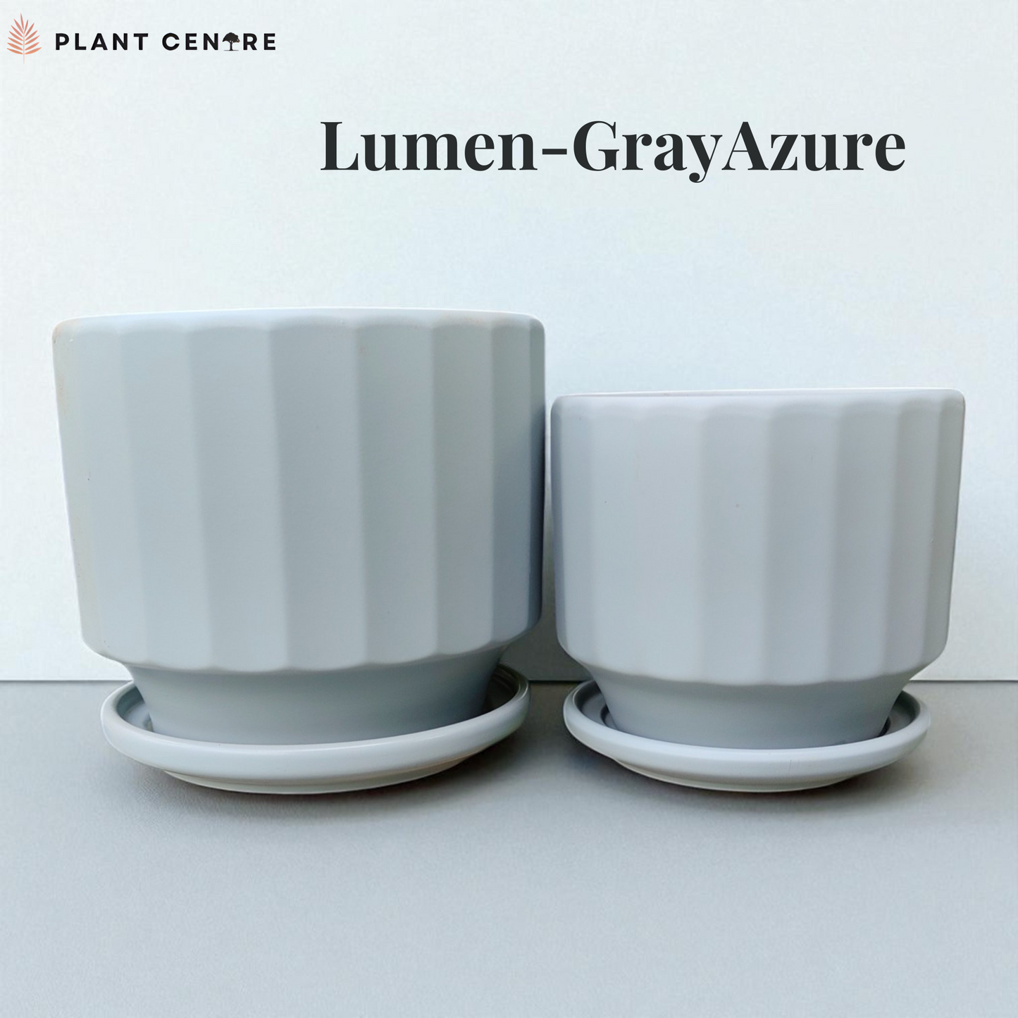 Two gray plant pots with saucers on a white background, labeled 'Lumen-GrayAzure'.