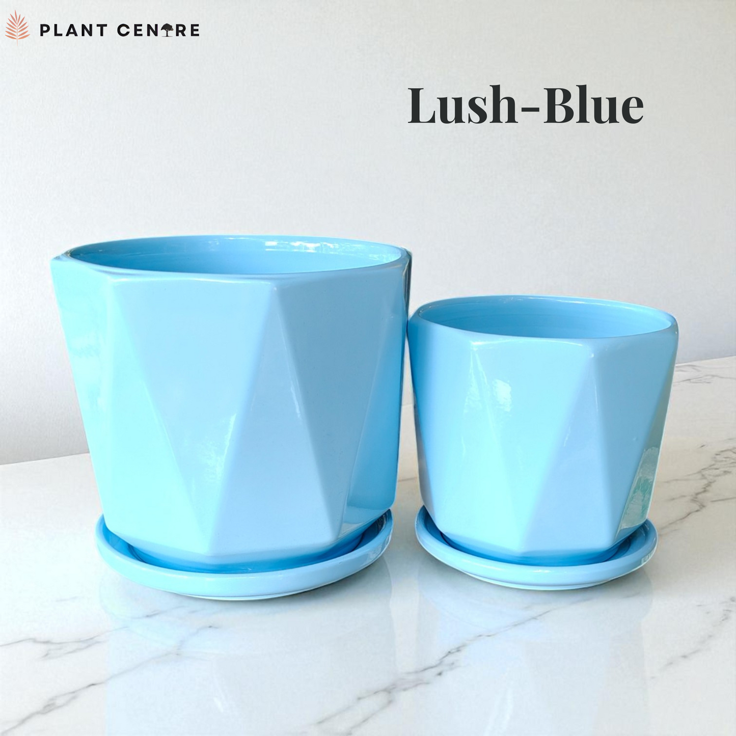 Two blue plant pots with saucers on a marble surface, labeled 'Lush-Blue'.