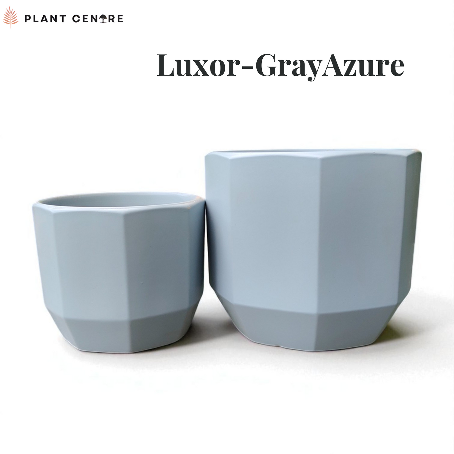 Two gray geometric planters on a white background with 'Plant Centre' branding.