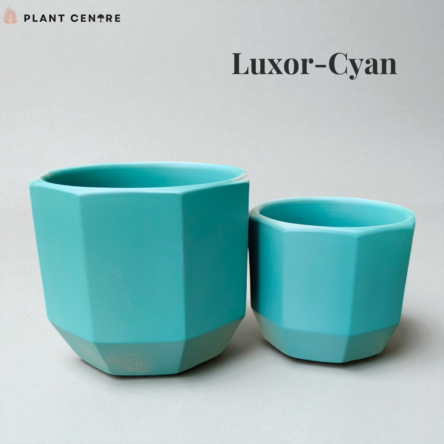 Two turquoise geometric planters on a light gray background with 'Plant Centre' branding.