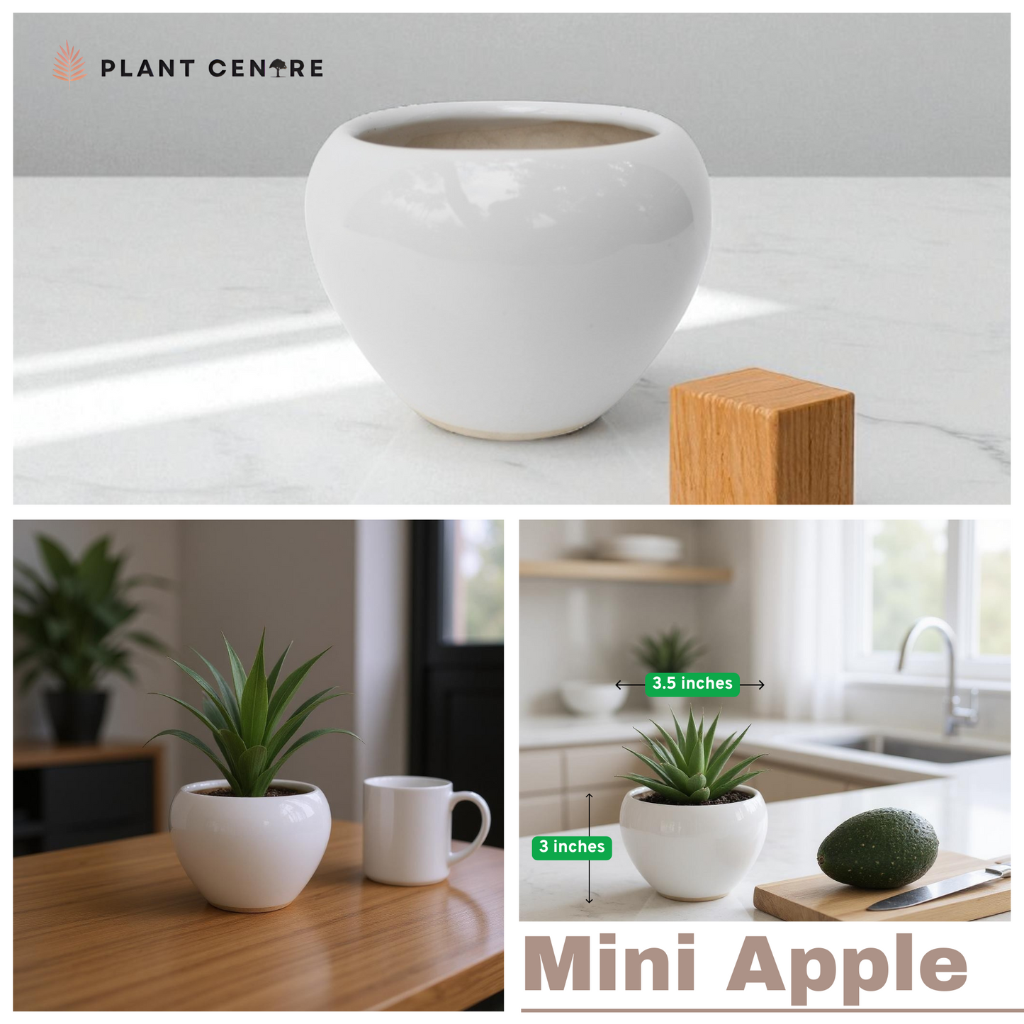 White ceramic pot with 'Plant Centre' branding, shown in various settings.