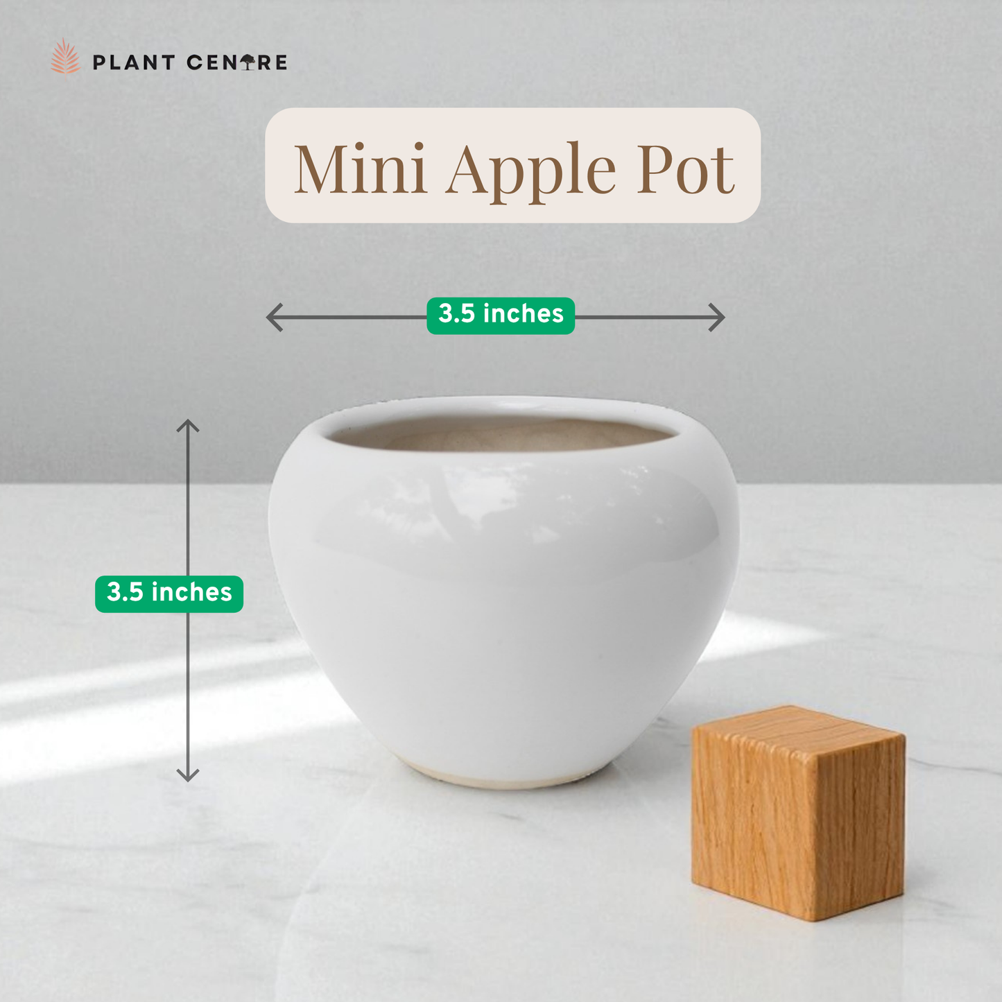 White mini apple pot with dimensions indicated on a light gray background