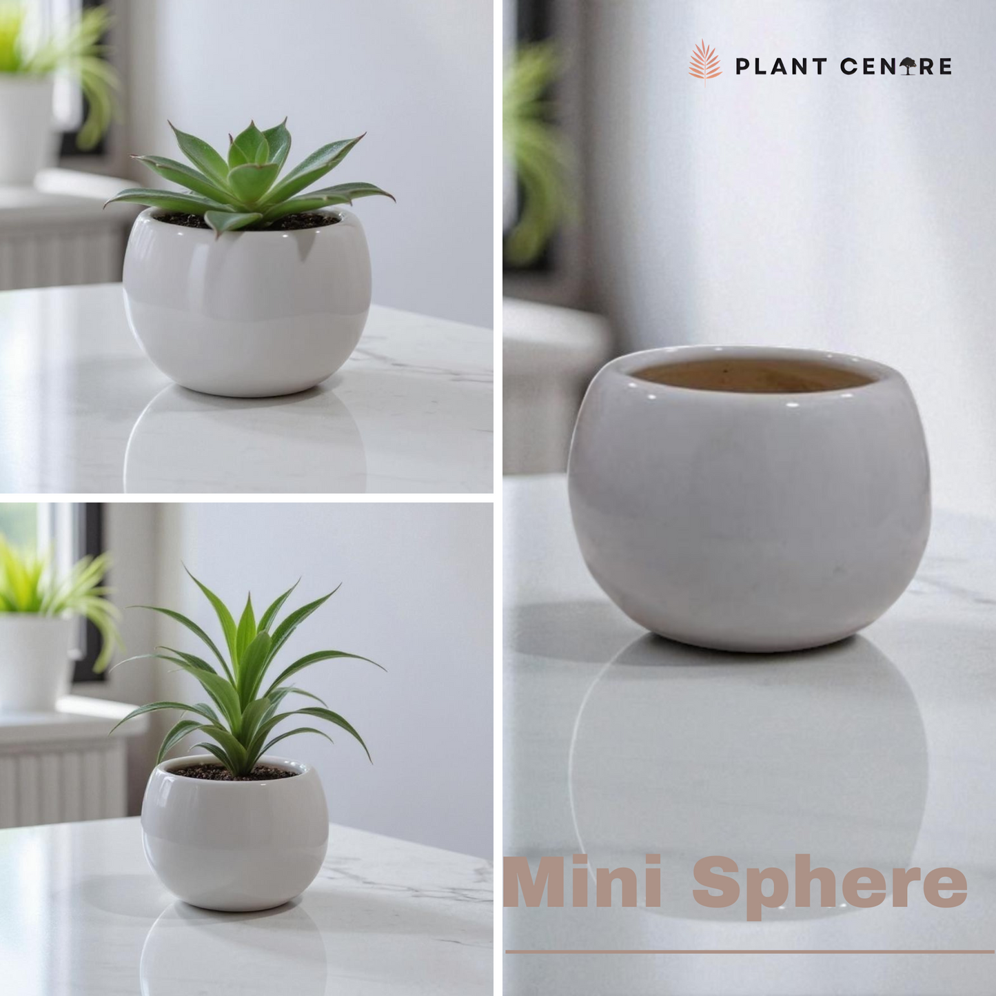 Two beige ceramic plant pots with saucers on a marble surface, labeled 'Lumen-Yellow'.