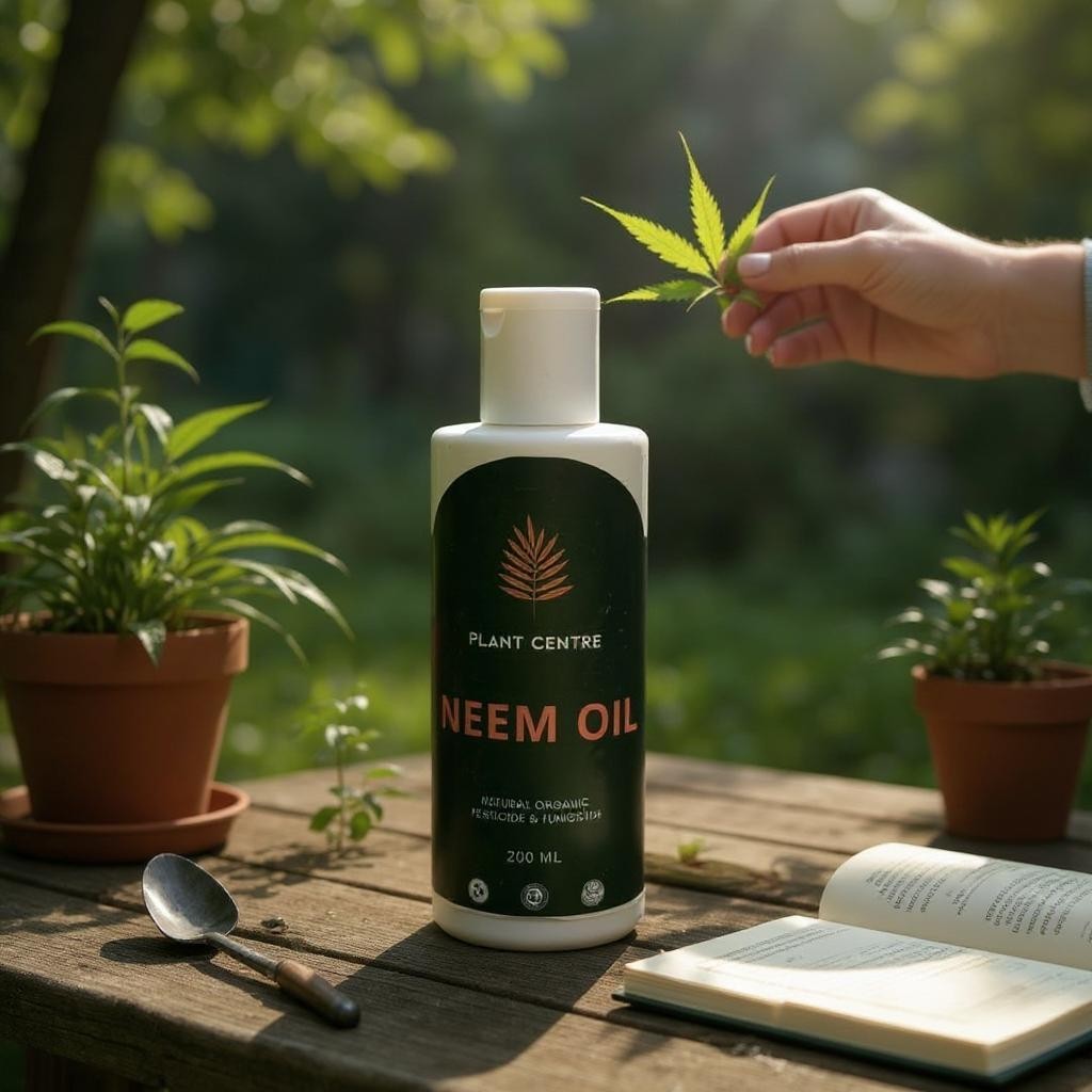 Neem oil bottle with a hand holding a leaf, plants, and a book on a wooden table.