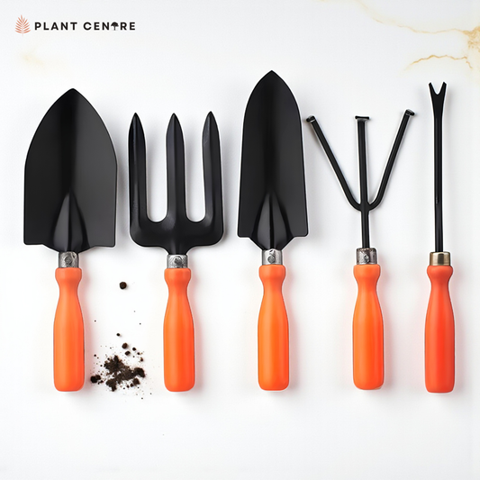 Set of gardening tools with black blades and orange handles on a white background, featuring the 'Plant Centre' brand.