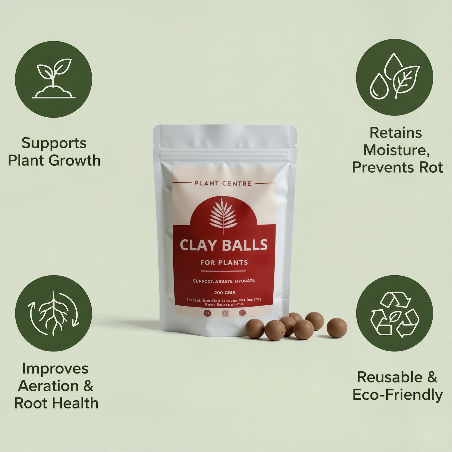 Package of Clay Balls for Plants with benefits listed on a light green background