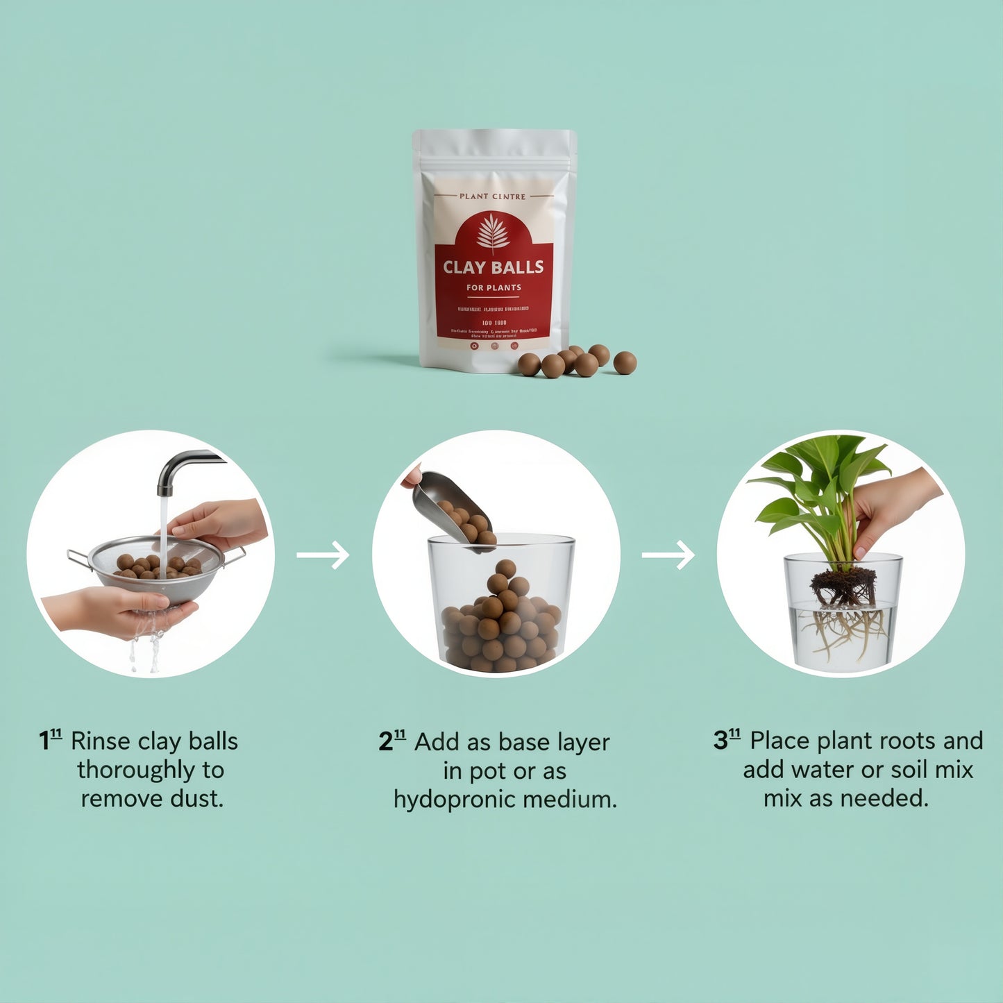 Instructions for using Clay Balls for plants with a product packaging on a light green background.