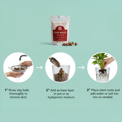 Instructions for using Clay Balls for plants with a product packaging on a light green background.