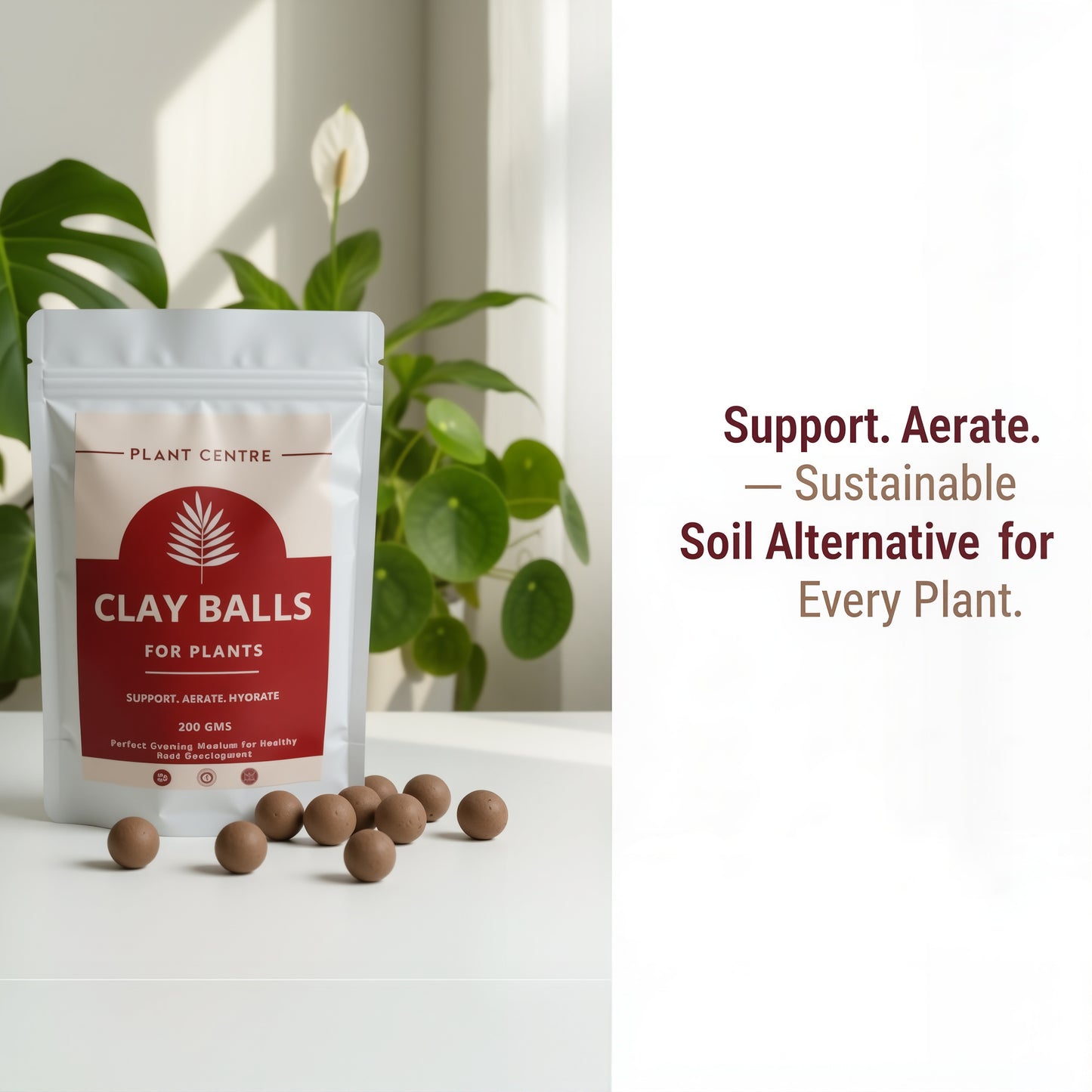 Packaging of clay balls for plants with text on a white surface and plant in the background