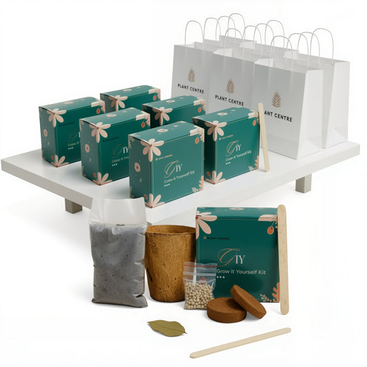 Grow it yourself kit with boxes, bags, and tools on a white surface