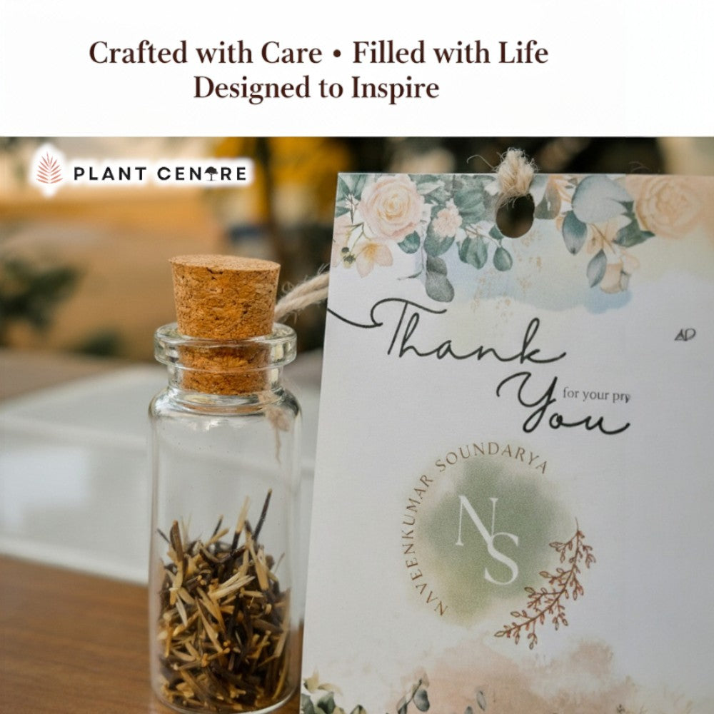 Glass bottle with cork lid containing dried plants next to a decorative 'Thank You' card with floral design and branding text.
