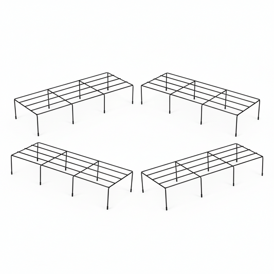Four black metal garden frames on a white background