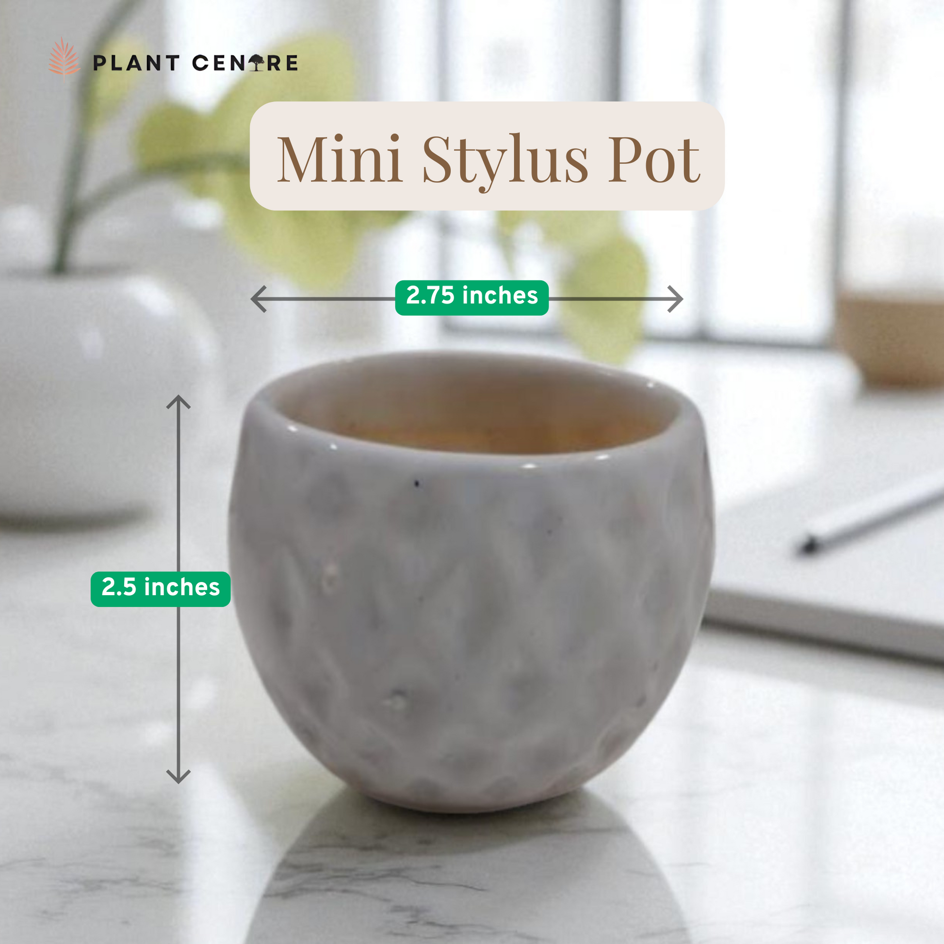 Mini stylus pot with dimensions on a marble surface